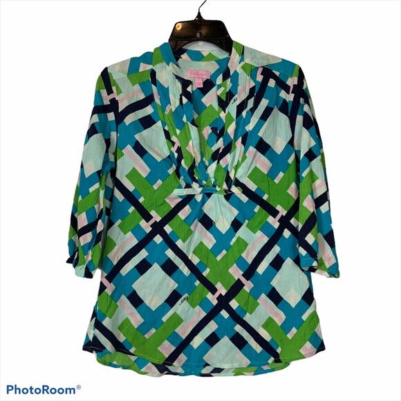 Lilly Pulitzer Green Blue Abstract Popover Blouse - Picture 1 of 5